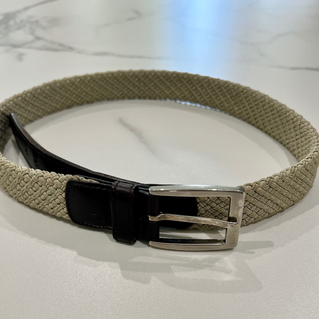 Zegna Braided Rayon Belt Beige & Brown Leather, 36” Length, Made In Italy